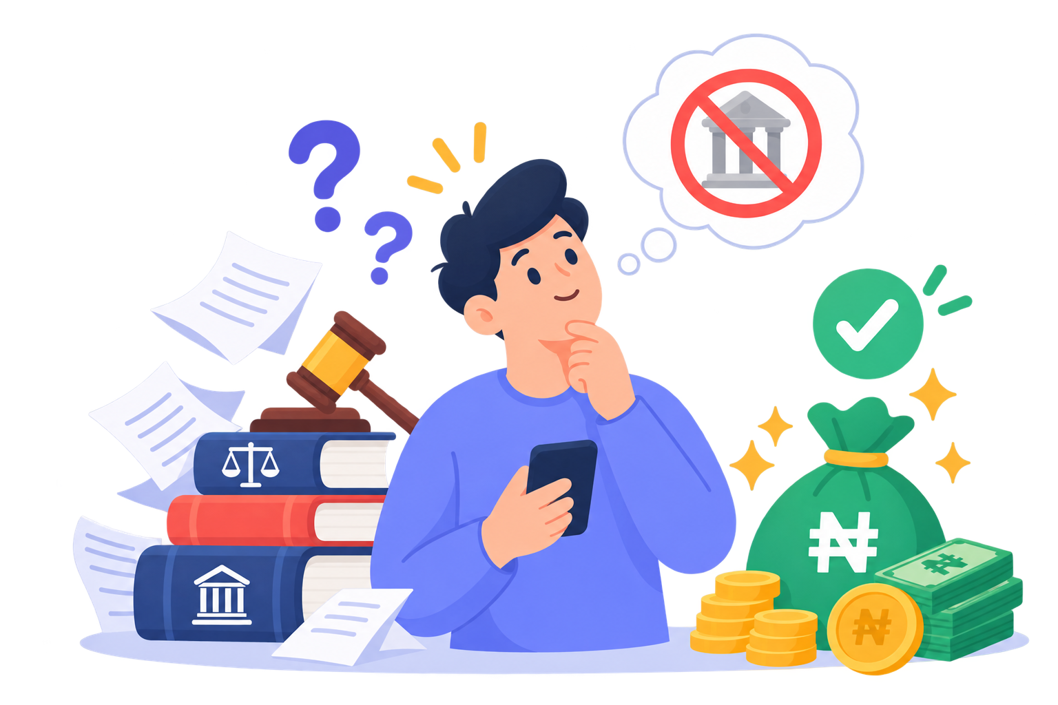 A person thinking through legal books, a gavel, and money bags